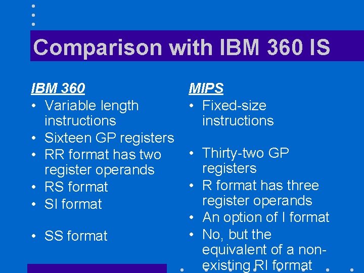 Comparison with IBM 360 IS IBM 360 • Variable length instructions • Sixteen GP