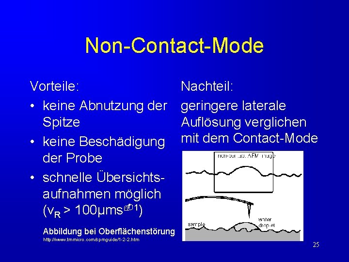 Non-Contact-Mode Vorteile: • keine Abnutzung der Spitze • keine Beschädigung der Probe • schnelle