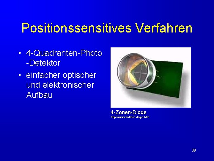 Positionssensitives Verfahren • 4 -Quadranten-Photo -Detektor • einfacher optischer und elektronischer Aufbau 4 -Zonen-Diode