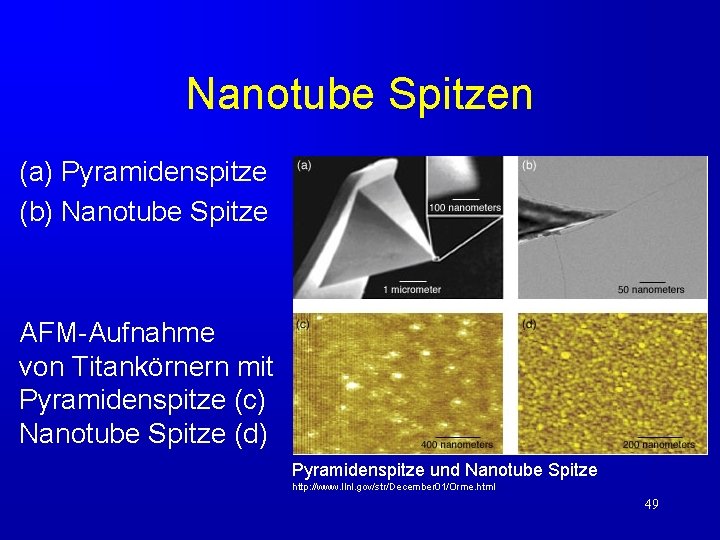 Nanotube Spitzen (a) Pyramidenspitze (b) Nanotube Spitze AFM-Aufnahme von Titankörnern mit Pyramidenspitze (c) Nanotube