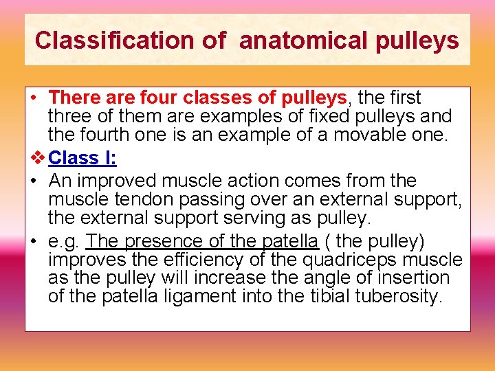 Classification of anatomical pulleys • There are four classes of pulleys, the first three