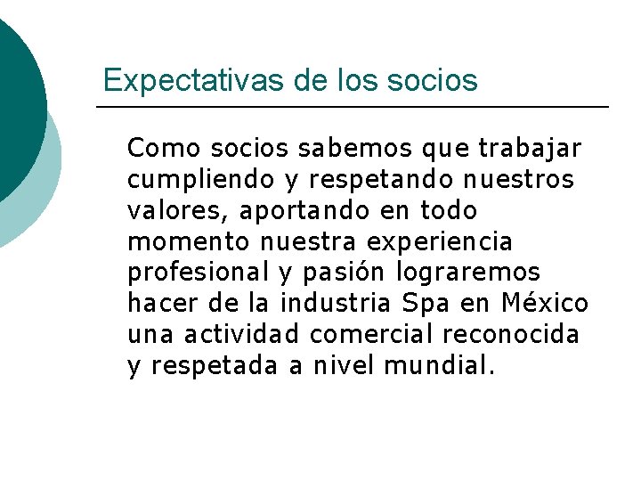 Expectativas de los socios Como socios sabemos que trabajar cumpliendo y respetando nuestros valores,