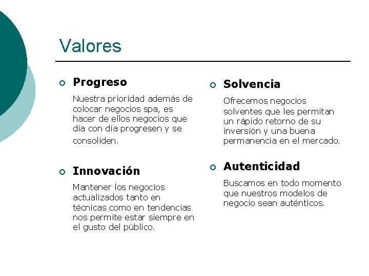 Valores ¡ Progreso ¡ Nuestra prioridad además de colocar negocios spa, es hacer de