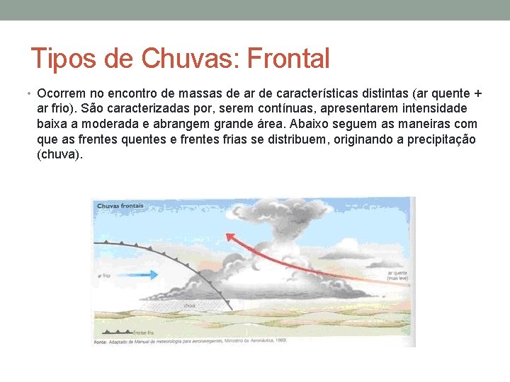 Tipos de Chuvas: Frontal • Ocorrem no encontro de massas de ar de características Tipos de Chuvas: Frontal • Ocorrem no encontro de massas de ar de características