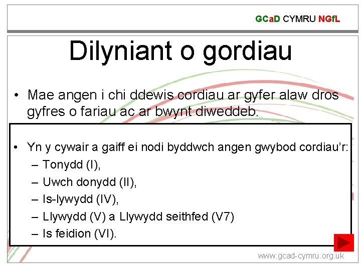 GCa. D CYMRU NGf. L Dilyniant o gordiau • Mae angen i chi ddewis