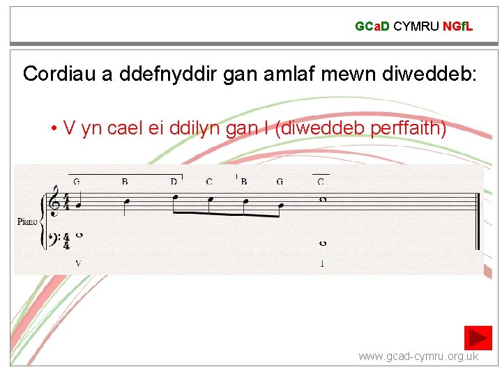 GCa. D CYMRU NGf. L Cordiau a ddefnyddir gan amlaf mewn diweddeb: • V