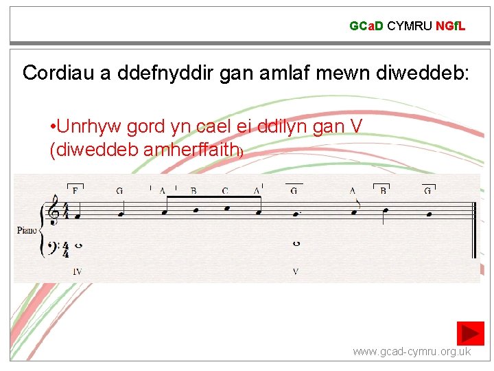 GCa. D CYMRU NGf. L Cordiau a ddefnyddir gan amlaf mewn diweddeb: • Unrhyw