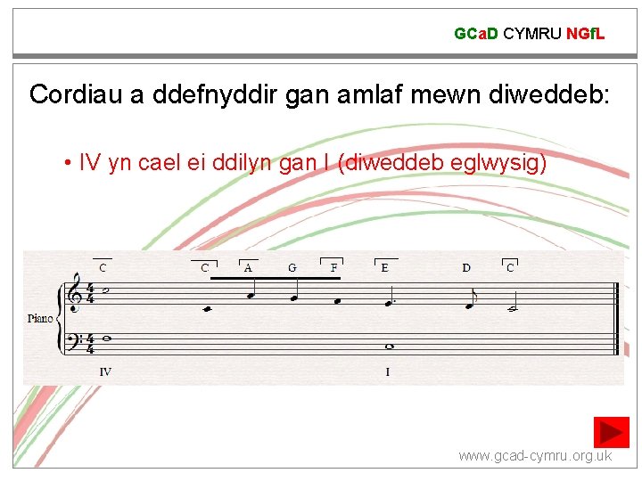 GCa. D CYMRU NGf. L Cordiau a ddefnyddir gan amlaf mewn diweddeb: • IV