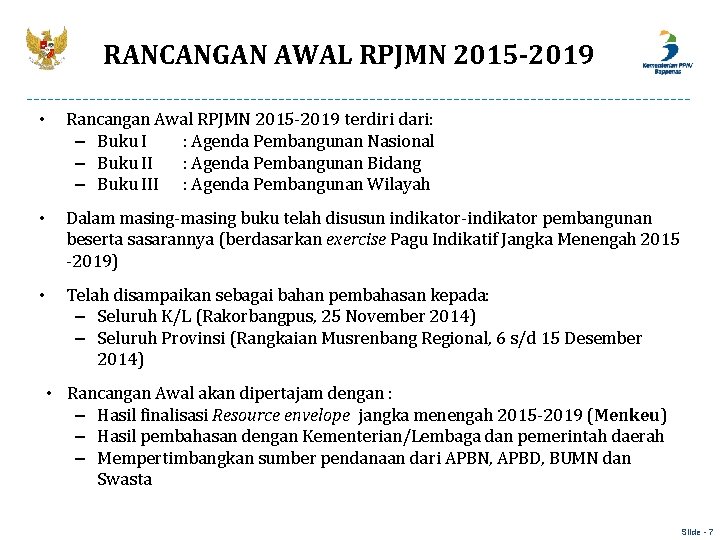 RANCANGAN AWAL RPJMN 2015 -2019 • Rancangan Awal RPJMN 2015 -2019 terdiri dari: –