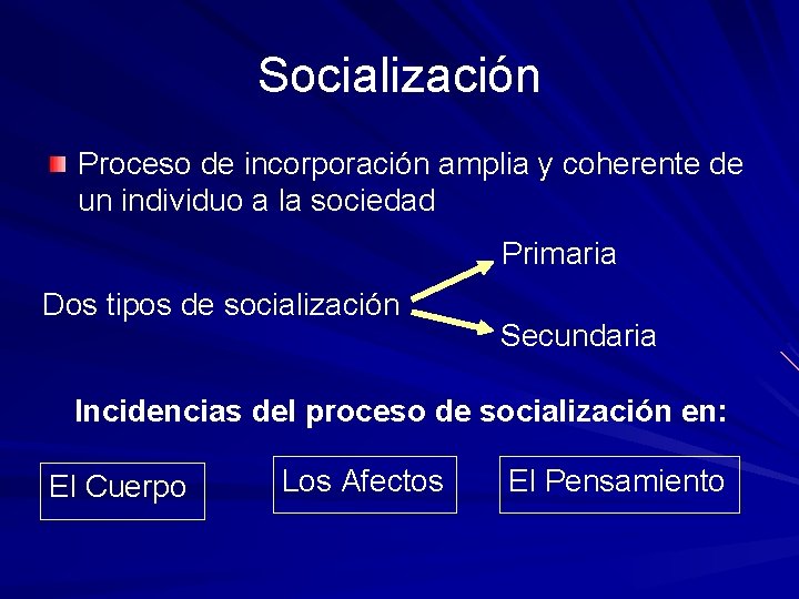 Socialización Proceso de incorporación amplia y coherente de un individuo a la sociedad Primaria