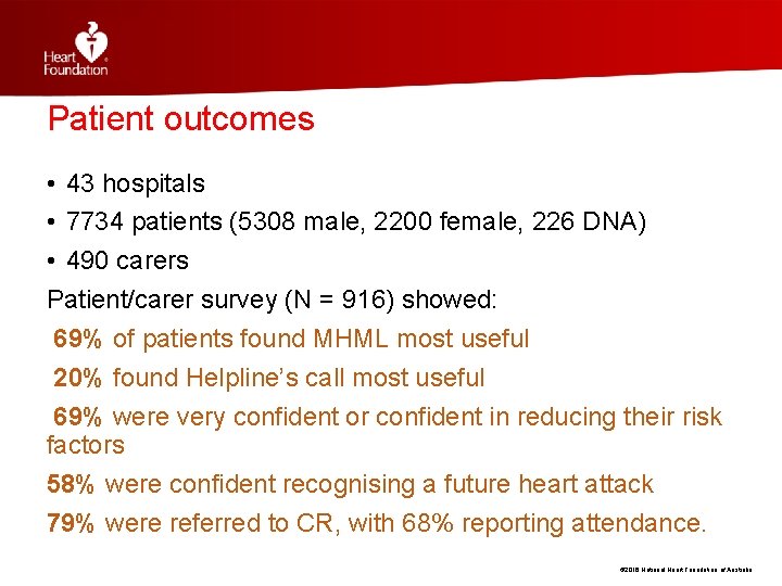 Patient outcomes • 43 hospitals • 7734 patients (5308 male, 2200 female, 226 DNA)