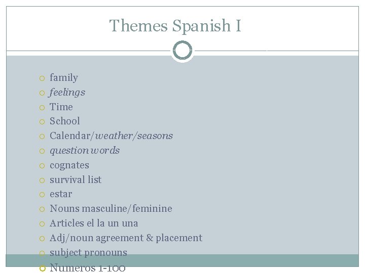 Themes Spanish I family feelings Time School Calendar/weather/seasons question words cognates survival list estar Themes Spanish I family feelings Time School Calendar/weather/seasons question words cognates survival list estar