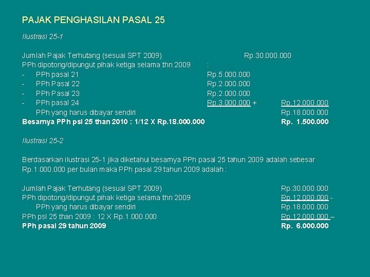 PAJAK PENGHASILAN PASAL 25 Ilustrasi 25 -1 Jumlah Pajak Terhutang (sesuai SPT 2009) PPh