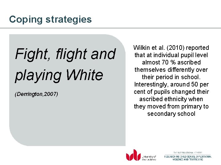 Coping strategies Fight, flight and playing White (Derrington, 2007) Wilkin et al. (2010) reported