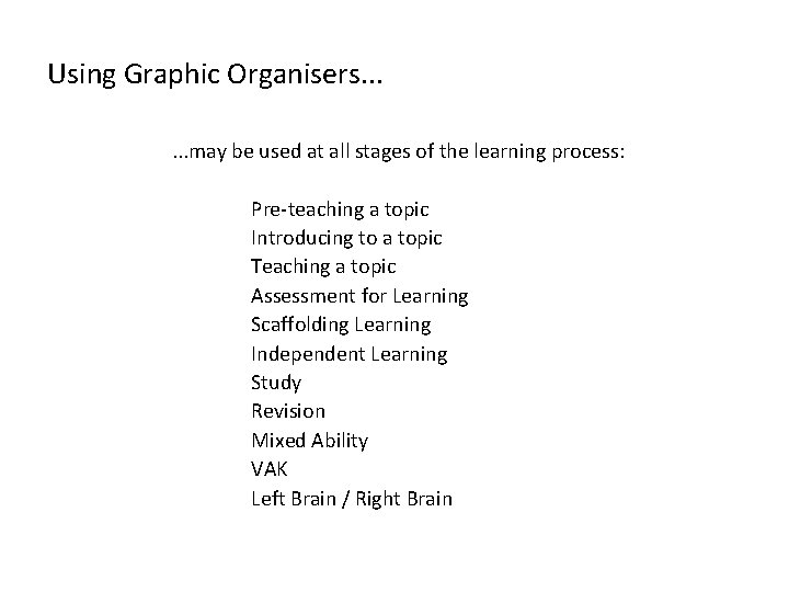 Using Graphic Organisers. . . may be used at all stages of the learning