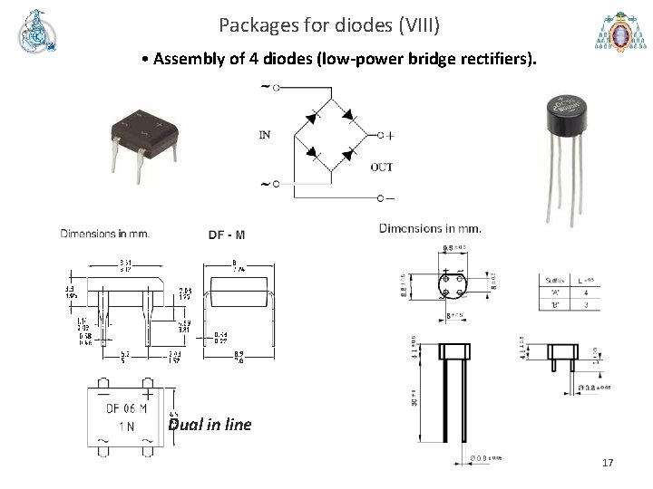 Packages for diodes (VIII) • Assembly of 4 diodes (low-power bridge rectifiers). Dual in
