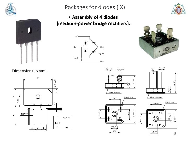 Packages for diodes (IX) • Assembly of 4 diodes (medium-power bridge rectifiers). 18 