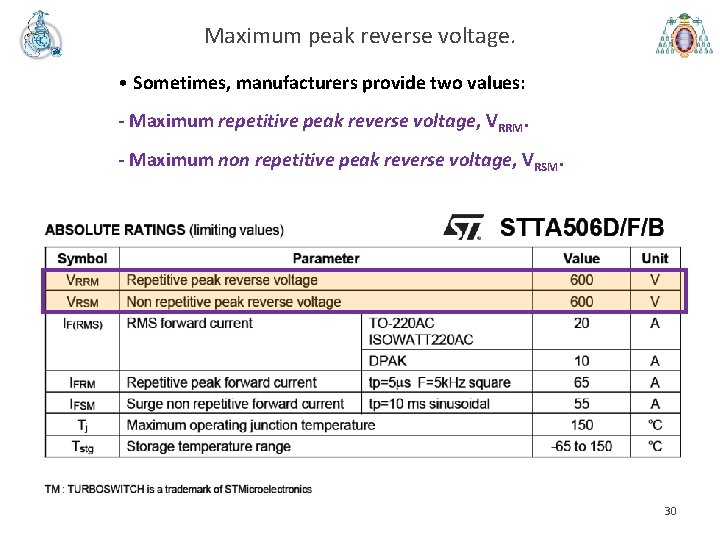 Maximum peak reverse voltage. • Sometimes, manufacturers provide two values: - Maximum repetitive peak