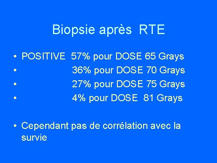 Biopsie après RTE • • POSITIVE 57% pour DOSE 65 Grays 36% pour DOSE