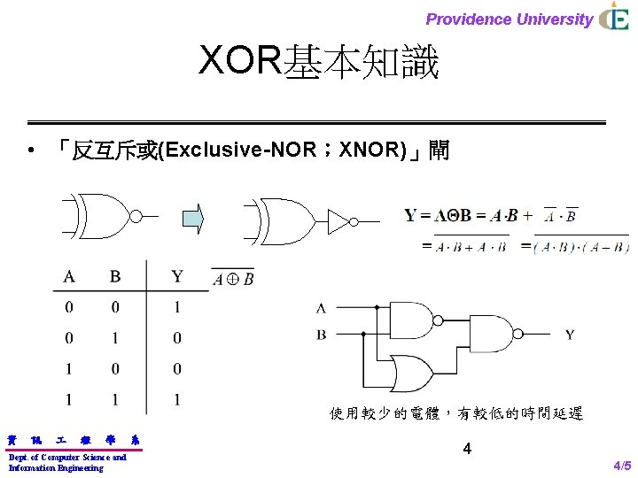 Providence University XOR基本知識 • 「反互斥或(Exclusive-NOR；XNOR)」閘 使用較少的電體，有較低的時間延遲 資 訊 程 學 Dept. of Computer Science