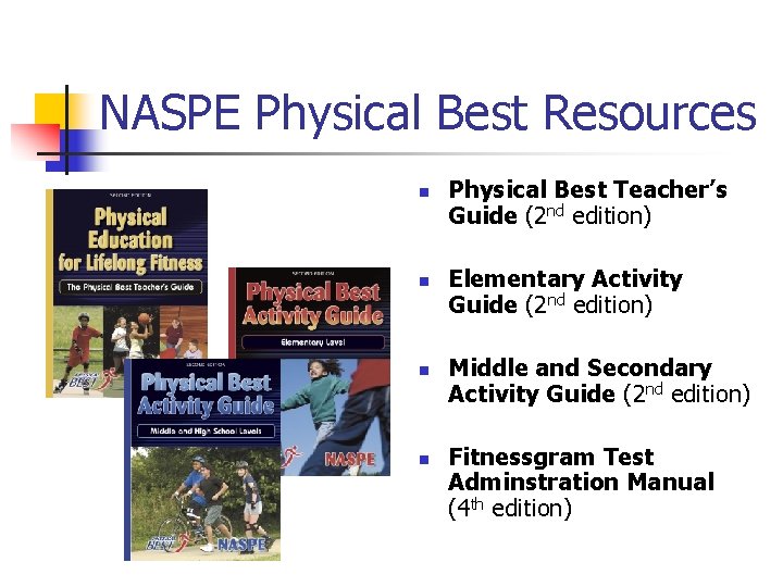 NASPE Physical Best Resources n n Physical Best Teacher’s Guide (2 nd edition) Elementary NASPE Physical Best Resources n n Physical Best Teacher’s Guide (2 nd edition) Elementary