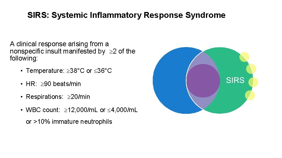 SIRS: Systemic Inflammatory Response Syndrome A clinical response arising from a nonspecific insult manifested