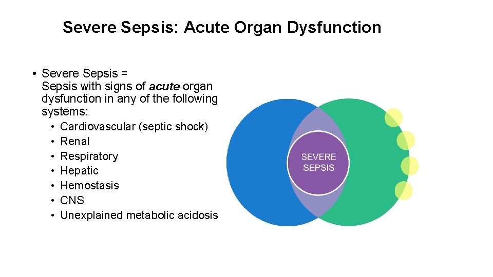 Severe Sepsis: Acute Organ Dysfunction • Severe Sepsis = Sepsis with signs of acute