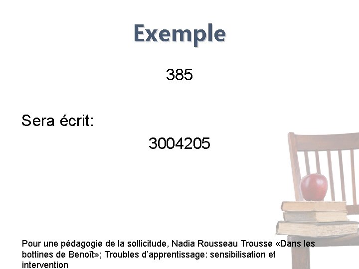 Exemple 385 Sera écrit: 3004205 Pour une pédagogie de la sollicitude, Nadia Rousseau Trousse