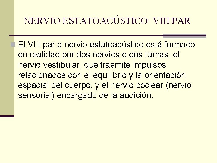 NERVIO ESTATOACÚSTICO: VIII PAR n El VIII par o nervio estatoacústico está formado en NERVIO ESTATOACÚSTICO: VIII PAR n El VIII par o nervio estatoacústico está formado en
