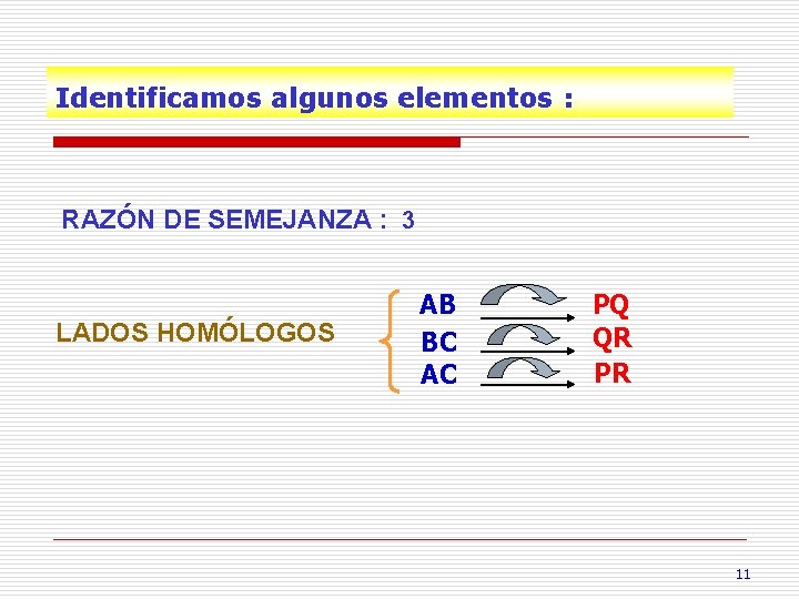 Identificamos algunos elementos : RAZÓN DE SEMEJANZA : 3 LADOS HOMÓLOGOS AB BC AC