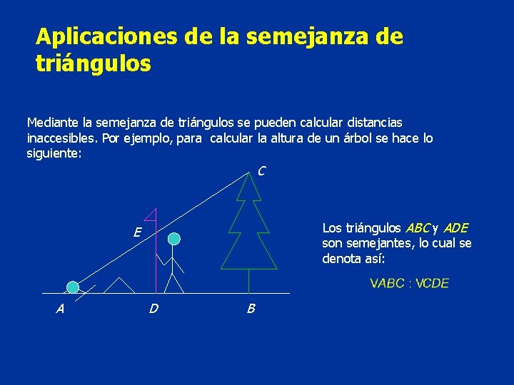 Aplicaciones de la semejanza de triángulos Mediante la semejanza de triángulos se pueden calcular