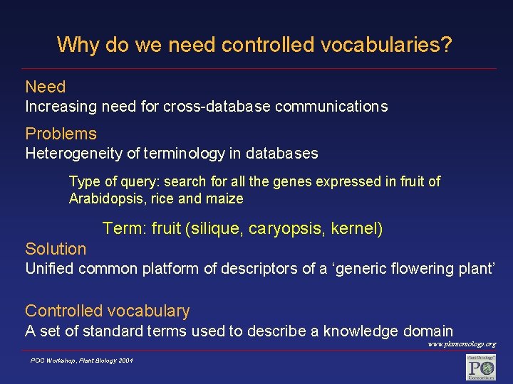 Why do we need controlled vocabularies? Need Increasing need for cross-database communications Problems Heterogeneity