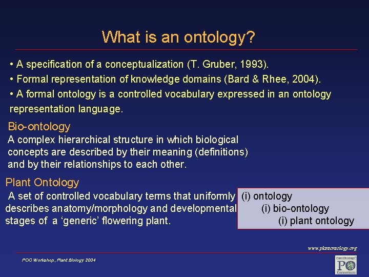 What is an ontology? • A specification of a conceptualization (T. Gruber, 1993). •