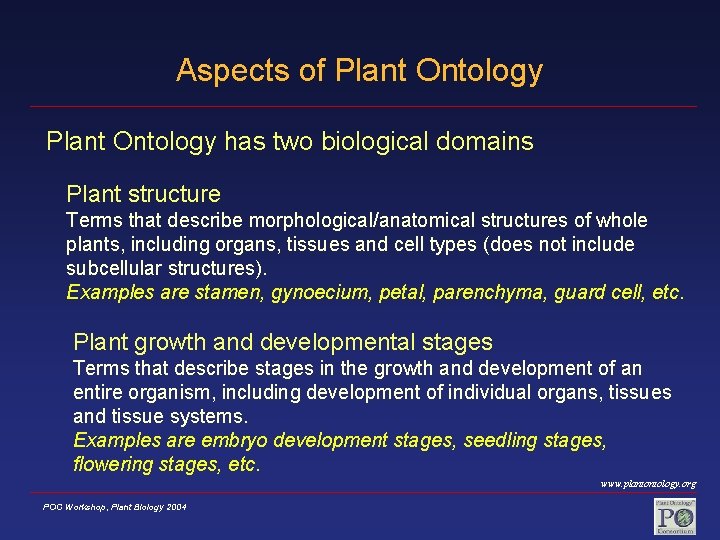 Aspects of Plant Ontology has two biological domains Plant structure Terms that describe morphological/anatomical