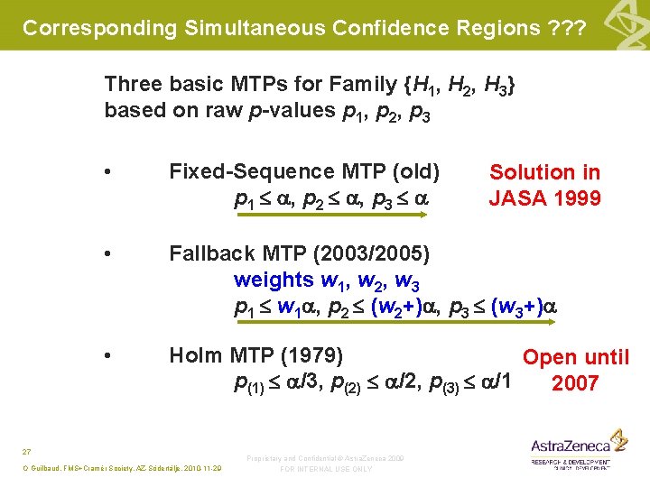 Corresponding Simultaneous Confidence Regions ? ? ? Three basic MTPs for Family {H 1,