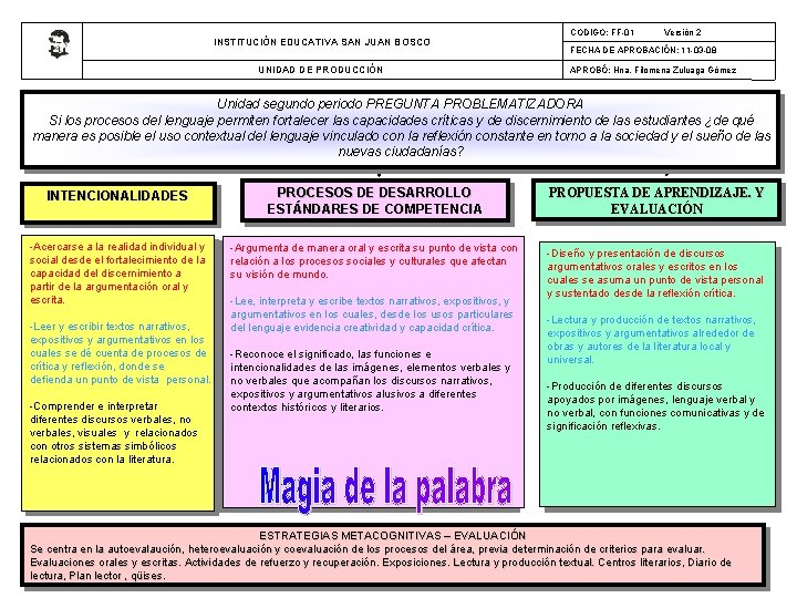 INSTITUCIÓN EDUCATIVA SAN JUAN BOSCO UNIDAD DE PRODUCCIÓN CODIGO: FF-01 Versión 2 FECHA DE
