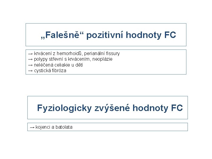 „Falešně“ pozitivní hodnoty FC → krvácení z hemorhoidů, perianální fissury → polypy střevní s