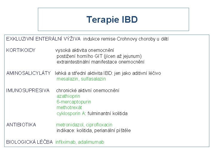 Terapie IBD EXKLUZIVNÍ ENTERÁLNÍ VÝŽIVA indukce remise Crohnovy choroby u dětí KORTIKOIDY vysoká aktivita