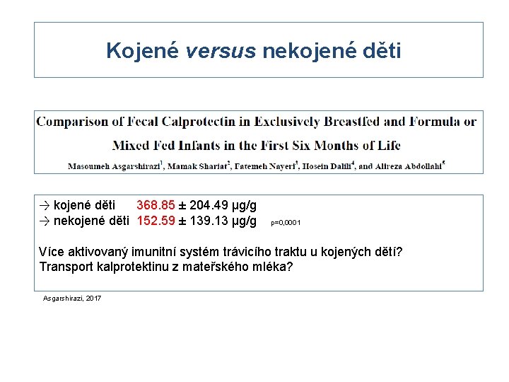 Kojené versus nekojené děti → kojené děti 368. 85 ± 204. 49 µg/g →