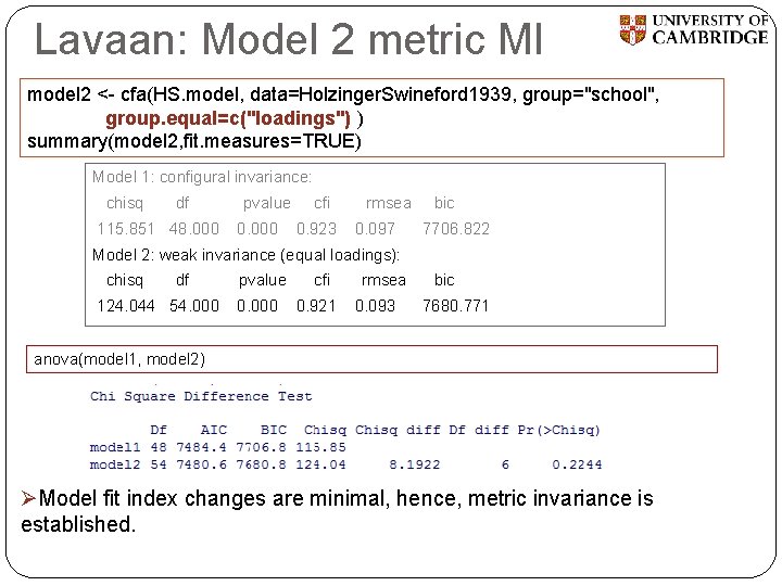 Lavaan: Model 2 metric MI model 2 <- cfa(HS. model, data=Holzinger. Swineford 1939, group="school",
