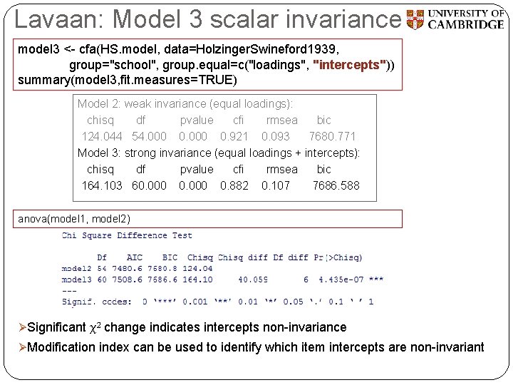 Lavaan: Model 3 scalar invariance model 3 <- cfa(HS. model, data=Holzinger. Swineford 1939, group="school",
