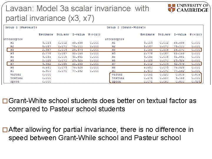 Lavaan: Model 3 a scalar invariance with partial invariance (x 3, x 7) Lavaan: