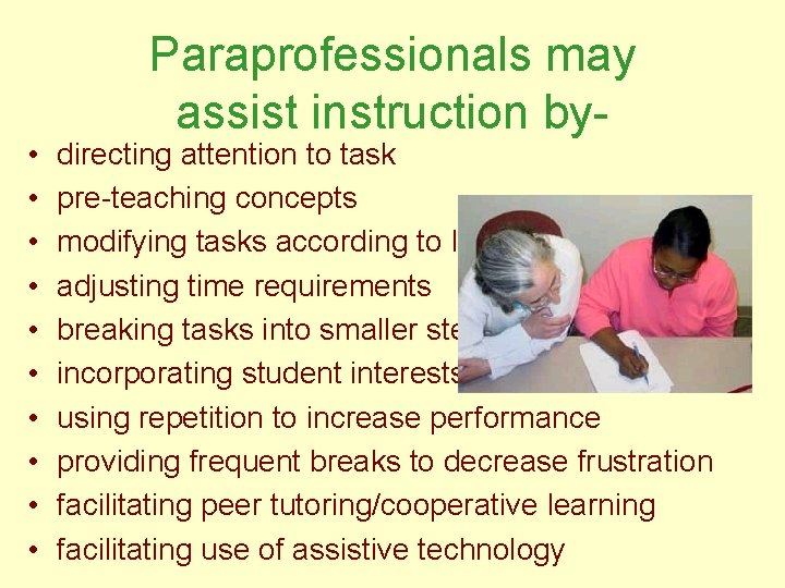  • • • Paraprofessionals may assist instruction by- directing attention to task pre-teaching