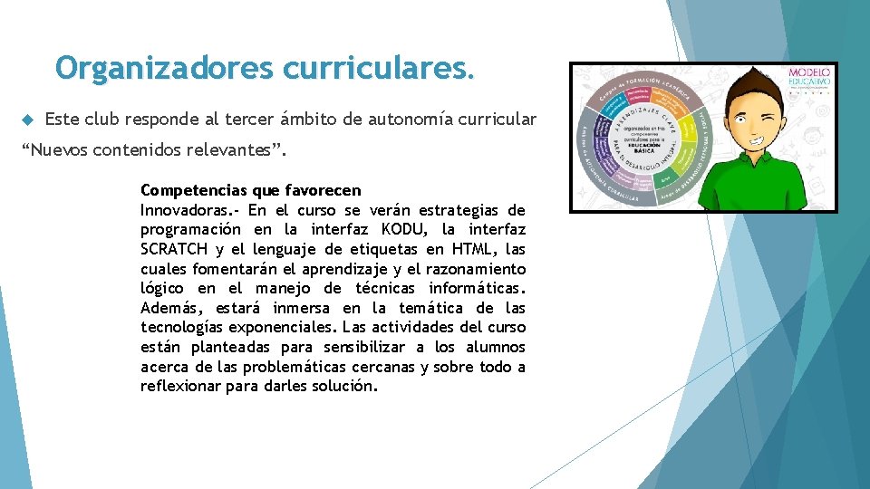 Organizadores curriculares. Este club responde al tercer ámbito de autonomía curricular “Nuevos contenidos relevantes”.