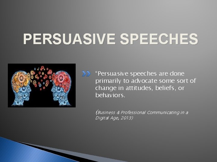 PERSUASIVE SPEECHES “Persuasive speeches are done primarily to advocate some sort of change in