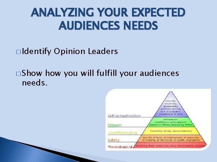 ANALYZING YOUR EXPECTED AUDIENCES NEEDS � Identify � Show Opinion Leaders how you will