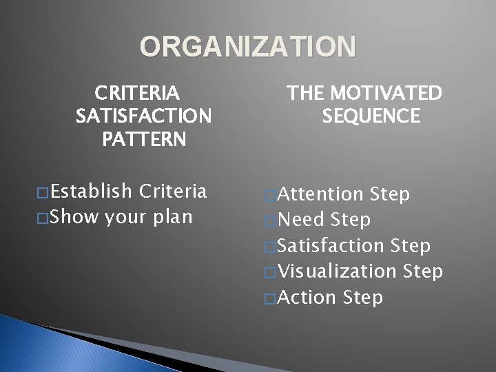 ORGANIZATION CRITERIA SATISFACTION PATTERN � Establish Criteria � Show your plan THE MOTIVATED SEQUENCE