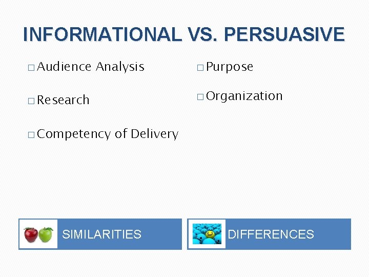 INFORMATIONAL VS. PERSUASIVE � Audience Analysis � Organization � Research � Competency � Purpose