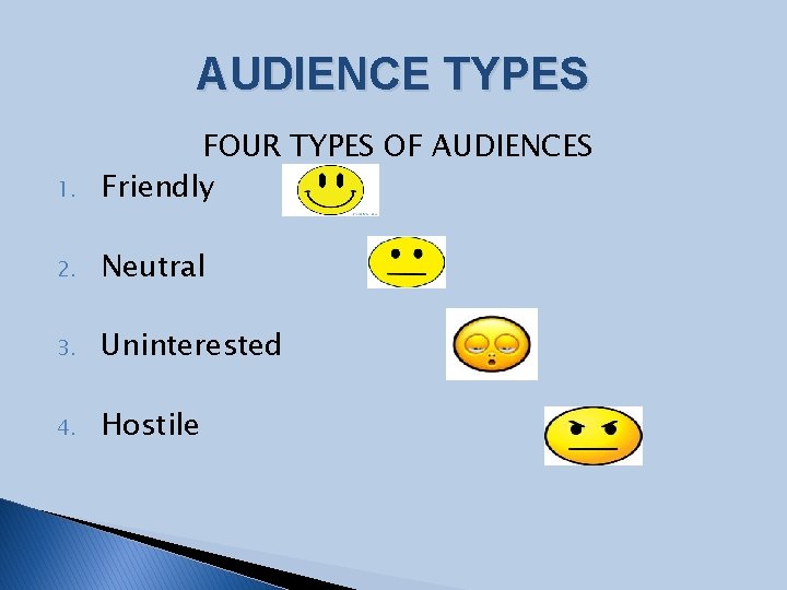 AUDIENCE TYPES 1. FOUR TYPES OF AUDIENCES Friendly 2. Neutral 3. Uninterested 4. Hostile