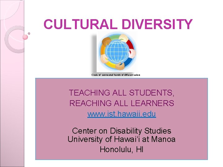CULTURAL DIVERSITY Circle of connected hands of different colors TEACHING ALL STUDENTS, REACHING ALL